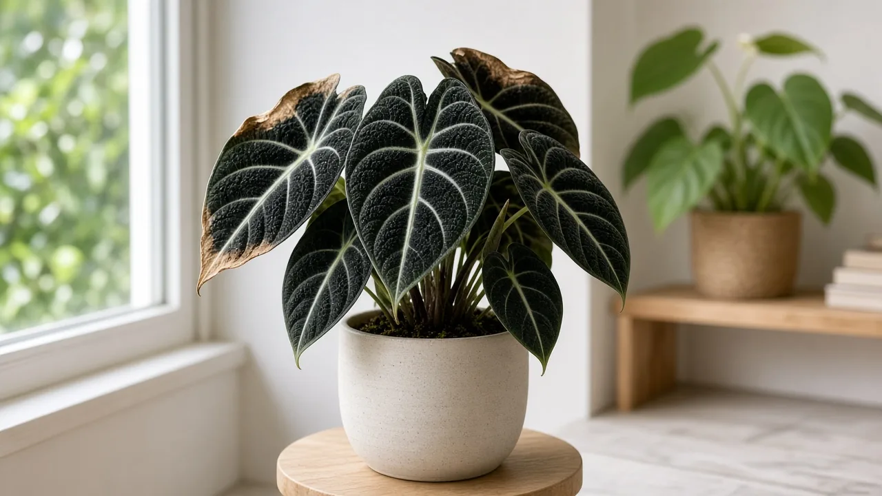 Brown tips on Alocasia Black Velvet - dry tan margins on compact velvet leaves