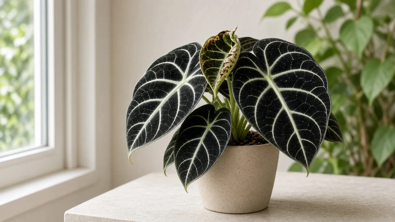 Calcium deficiency on Alocasia Black Velvet — cupped margin on newest unfurling velvet spear with older dark leaves below still normal