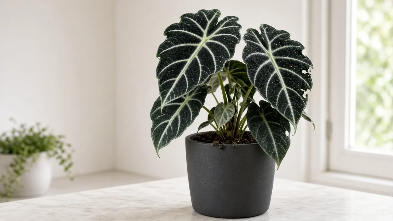 Caterpillars on Alocasia Black Velvet - ragged chewed notches on small matte black velvet bullate leaves with dark frass pellets