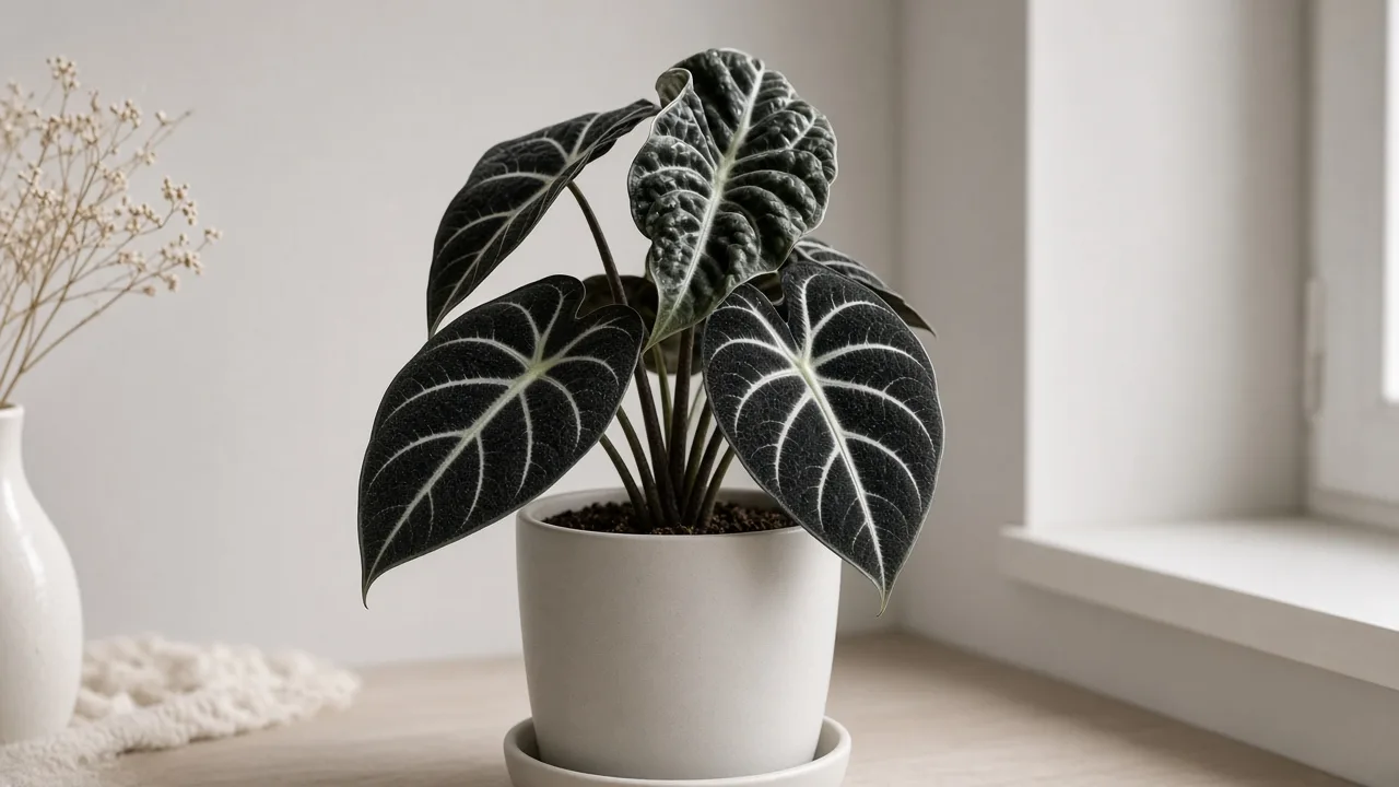 Distorted Leaves on Alocasia Black Velvet - twisted matte black velvet foliage with white veins
