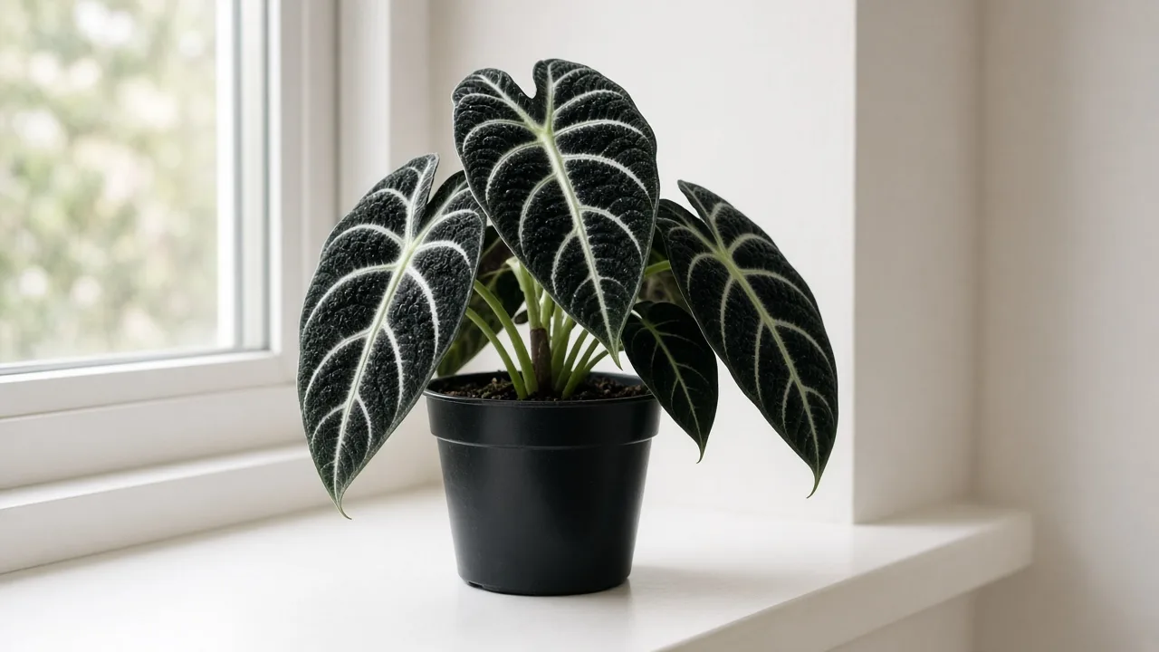Drooping leaves on Alocasia Black Velvet - compact velvet foliage hanging limp from short petioles