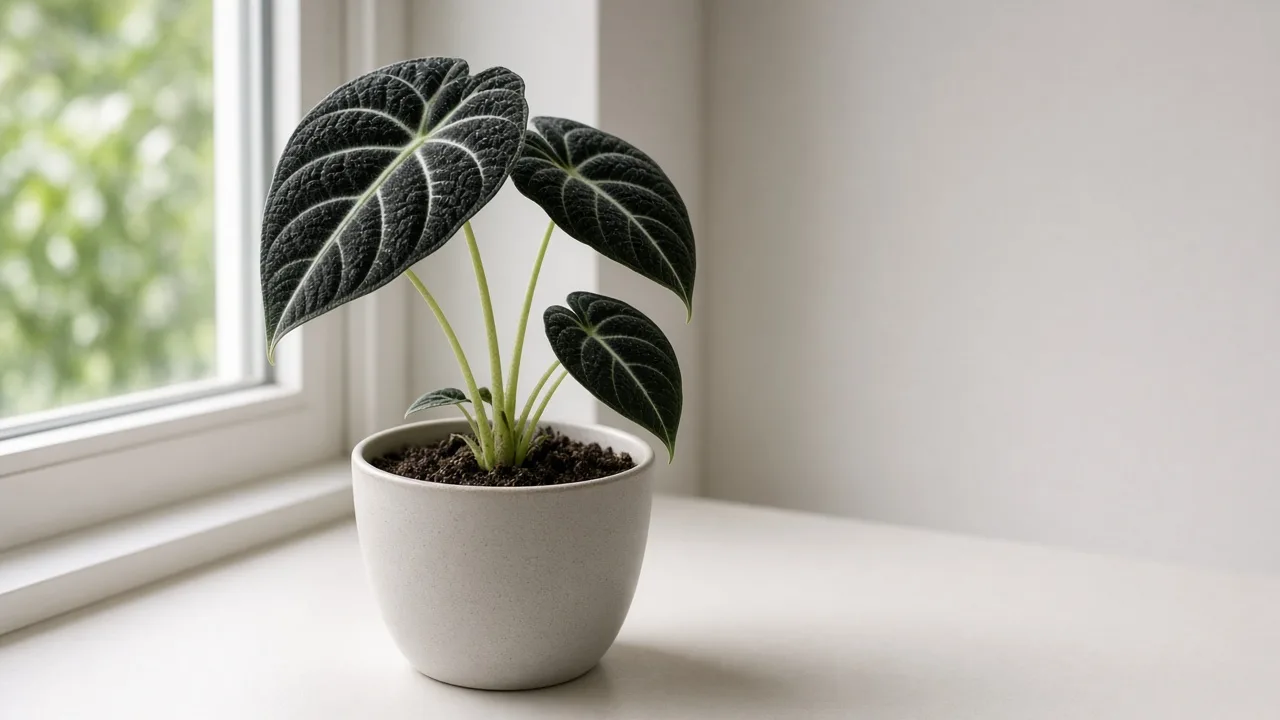Leggy growth on Alocasia Black Velvet - compact jewel alocasia leaning toward window with long bare petioles between small matte black velvet leaves