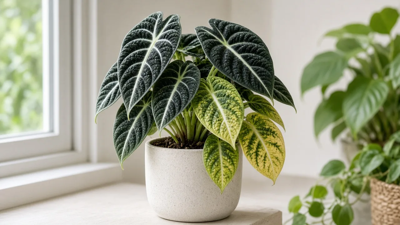 Magnesium deficiency on Alocasia Black Velvet - yellow between green veins on older bullate velvet leaf