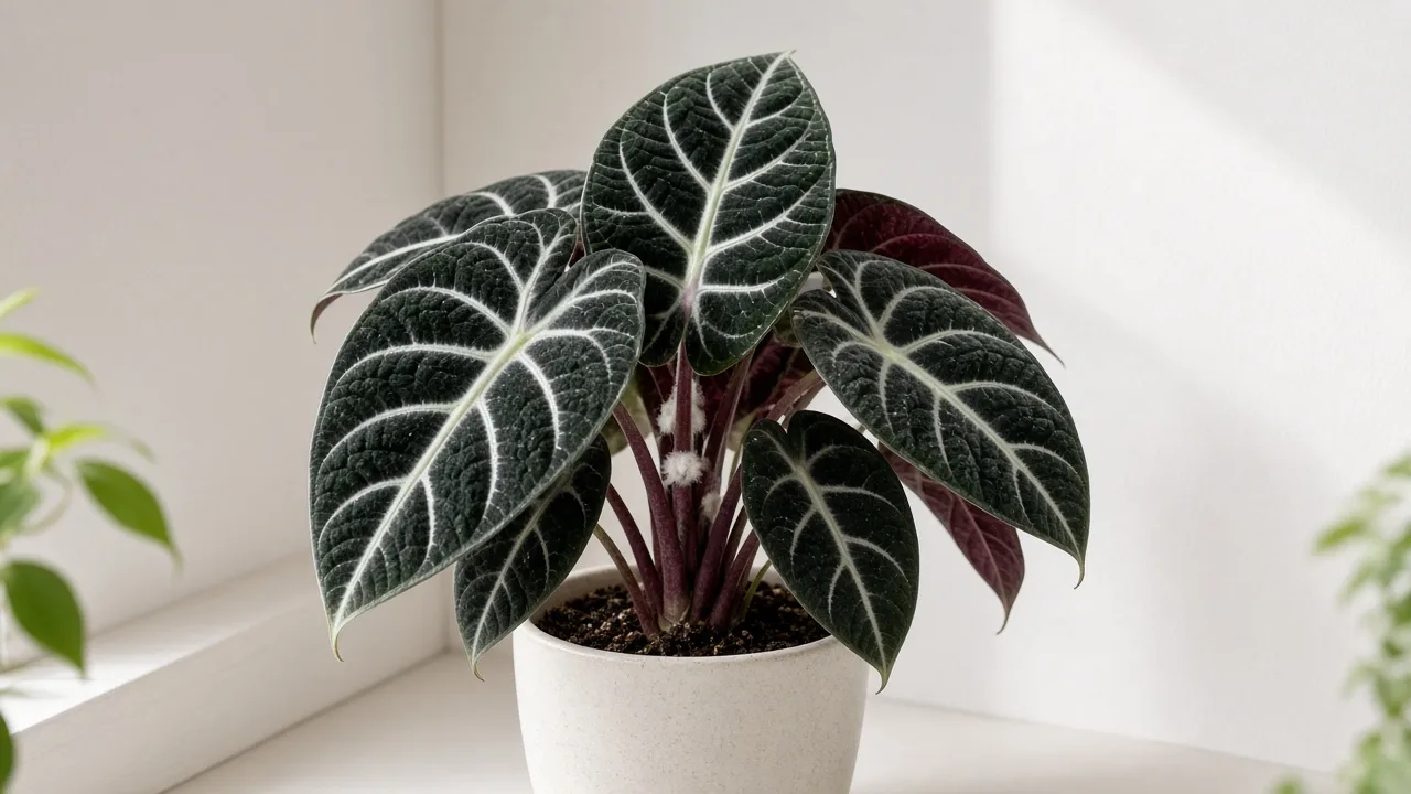 Mealybugs on Alocasia Black Velvet - white cottony clusters in petiole axils on matte velvet leaves with burgundy undersides