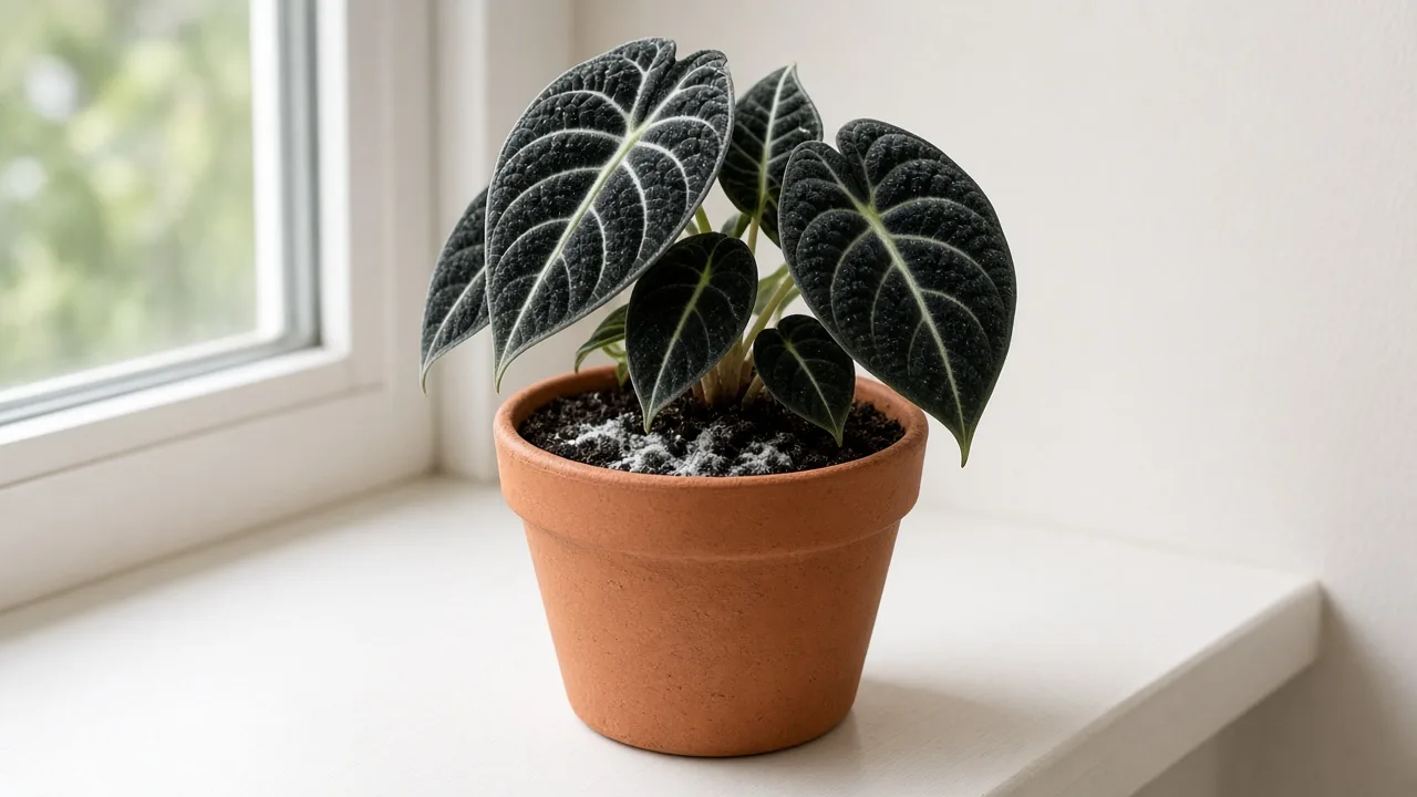 Mold on soil on Alocasia Black Velvet - white fuzzy growth on damp mix at the base of compact matte black velvet leaves