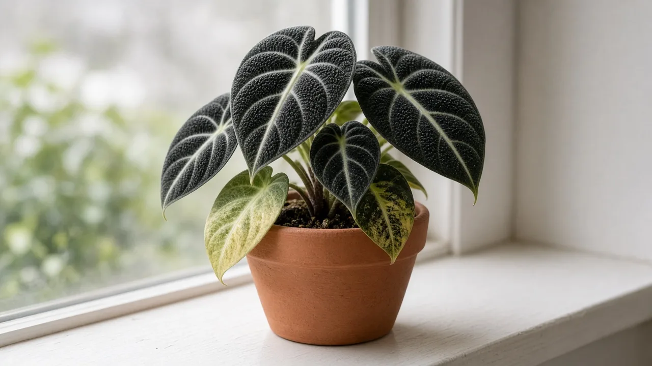 Yellowing lower leaves on an Alocasia Black Velvet with an overwatering problem