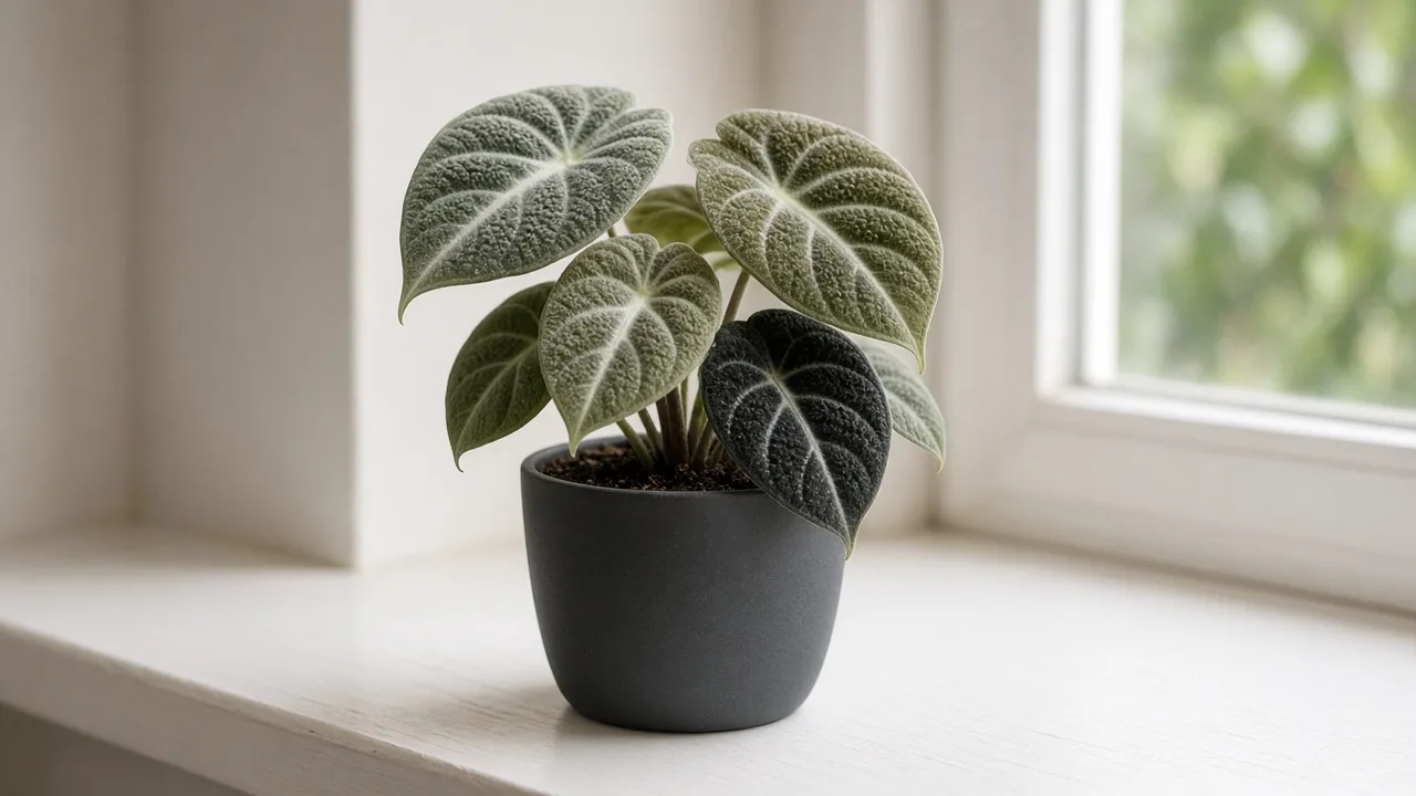 Pale Leaves on Alocasia Black Velvet - washed-out matte velvet foliage with faded white vein contrast