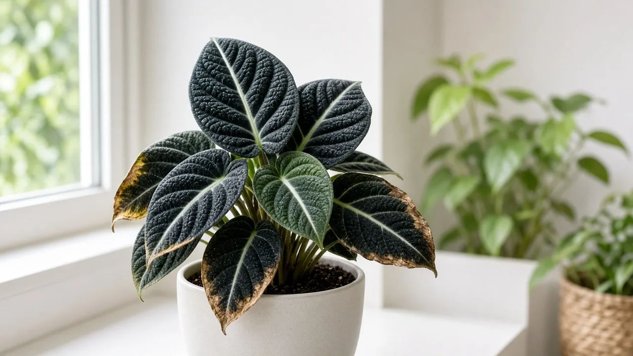 Potassium deficiency on Alocasia Black Velvet - scorched margins on older lower bullate velvet leaves with white veining