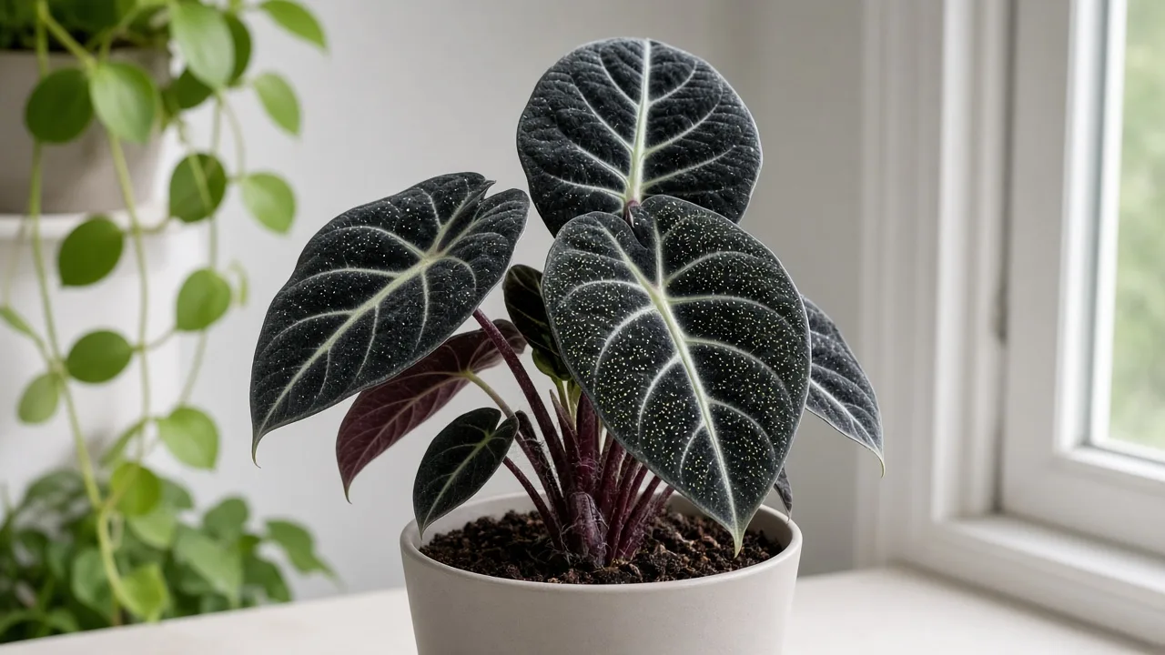 Spider mites on Alocasia Black Velvet - pale stippling on matte black velvet leaves with fine webbing at burgundy petiole bases