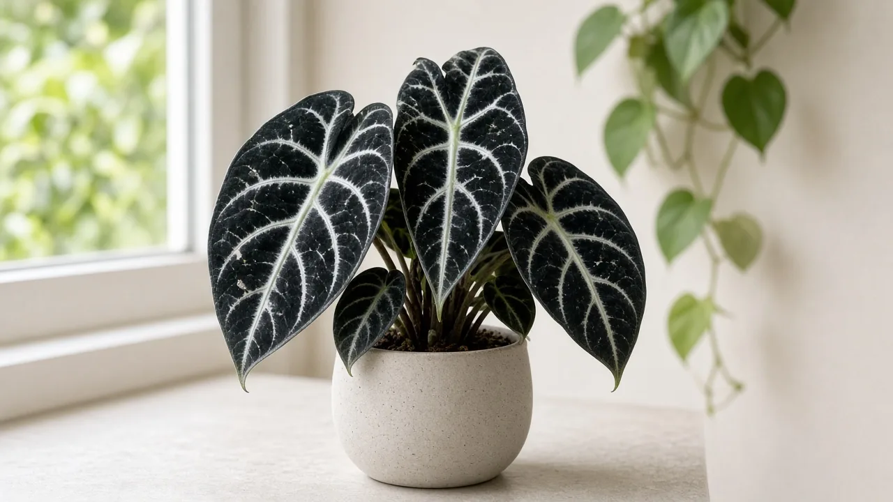 Thrips on Alocasia Black Velvet - silvery streaks on matte black velvet leaves with white veins