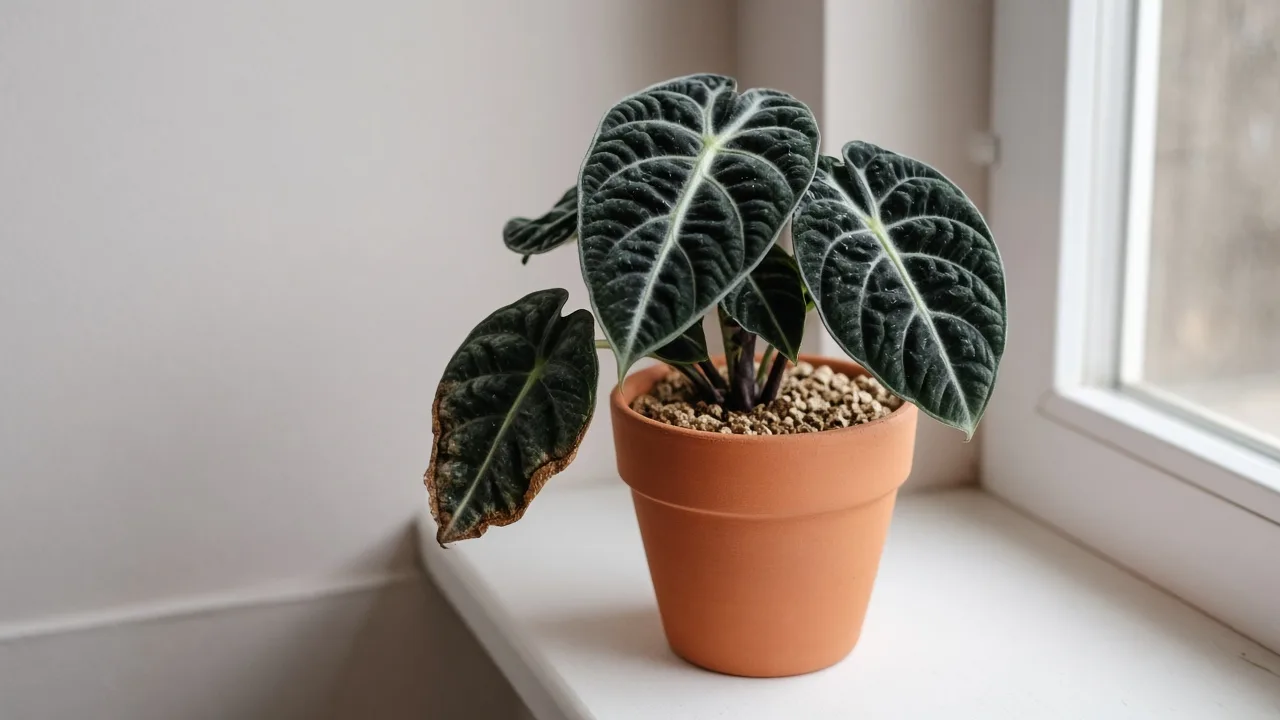 Underwatering on Alocasia Black Velvet - cupped bullate leaves with crisp brown edges on a light dry pot