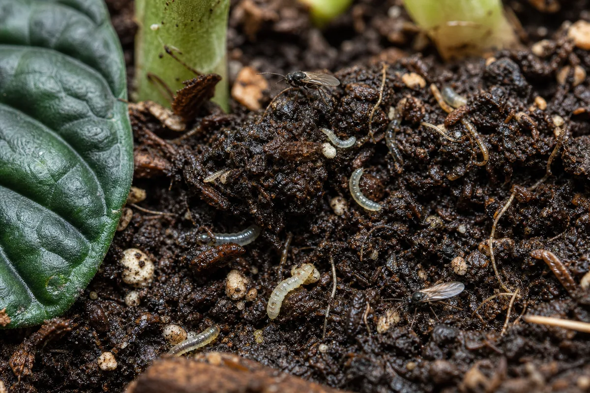 Close-up of Fungus Gnats on Alocasia Dragon Scale - diagnostic detail