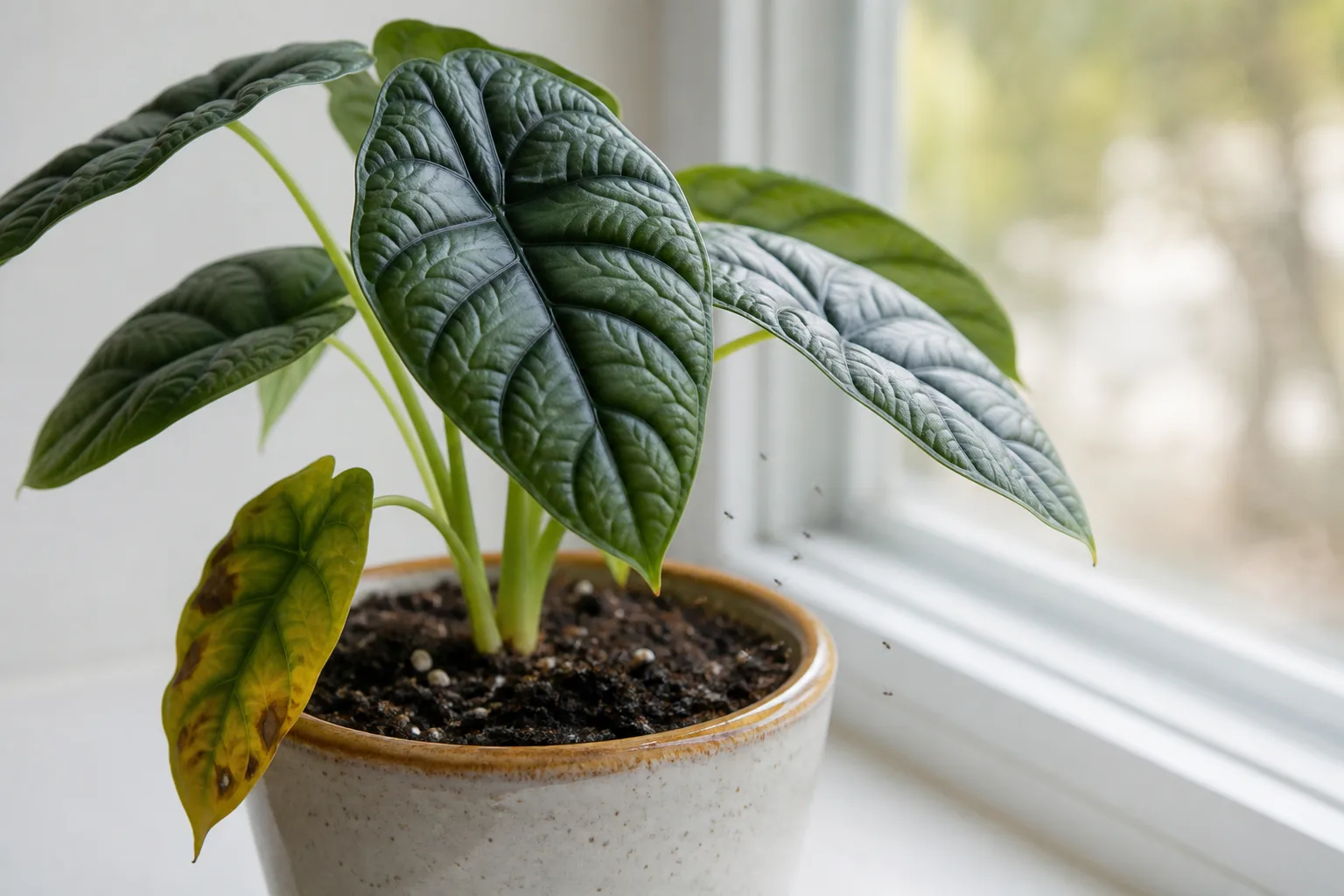 Fungus Gnats on Alocasia Dragon Scale - visible symptom on the plant