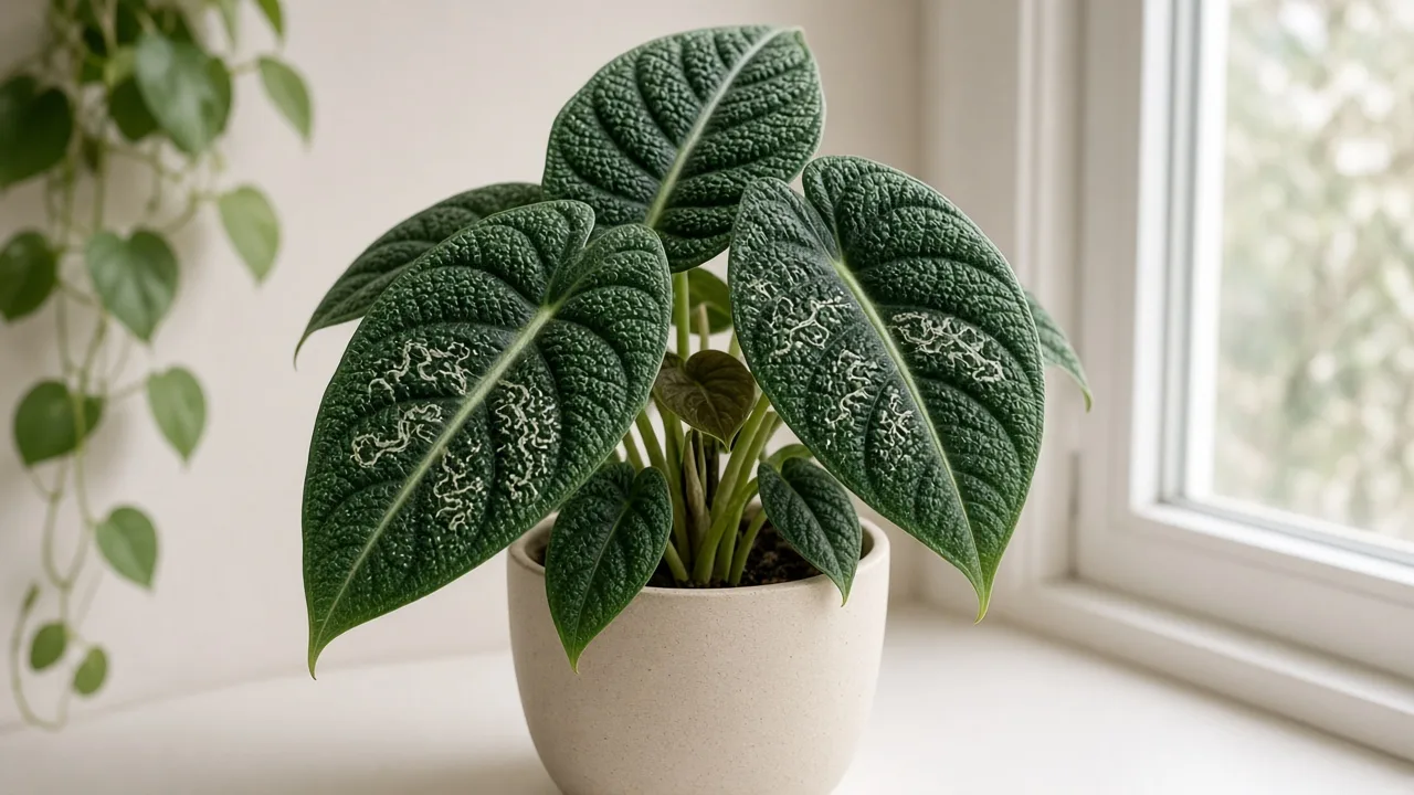 Leaf miners on Alocasia Dragon Scale - pale serpentine tunnels visible on thick textured dark green leaves