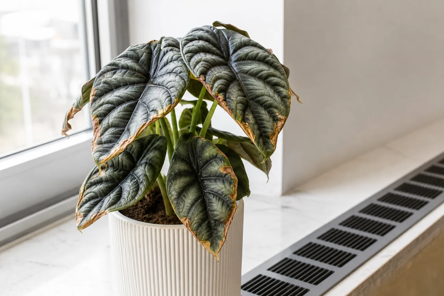 Low Humidity on Alocasia Dragon Scale - visible symptom on the plant