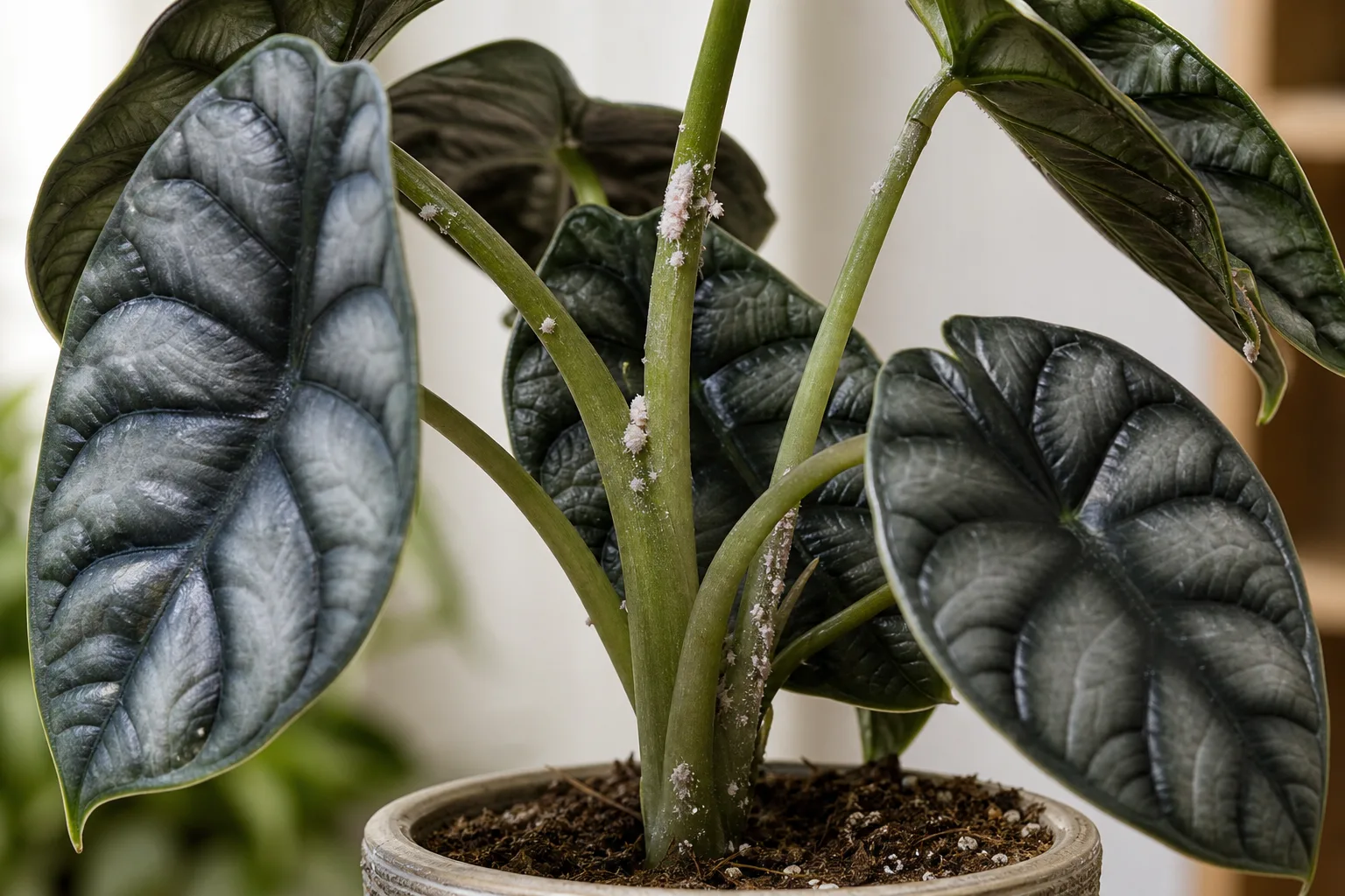 Mealybugs on Alocasia Dragon Scale - visible symptom on the plant