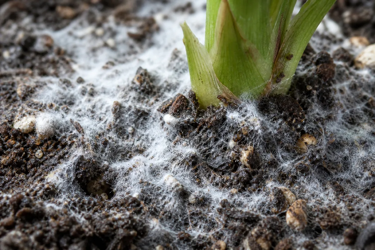 Close-up of Mold on Soil on Alocasia Dragon Scale - diagnostic detail