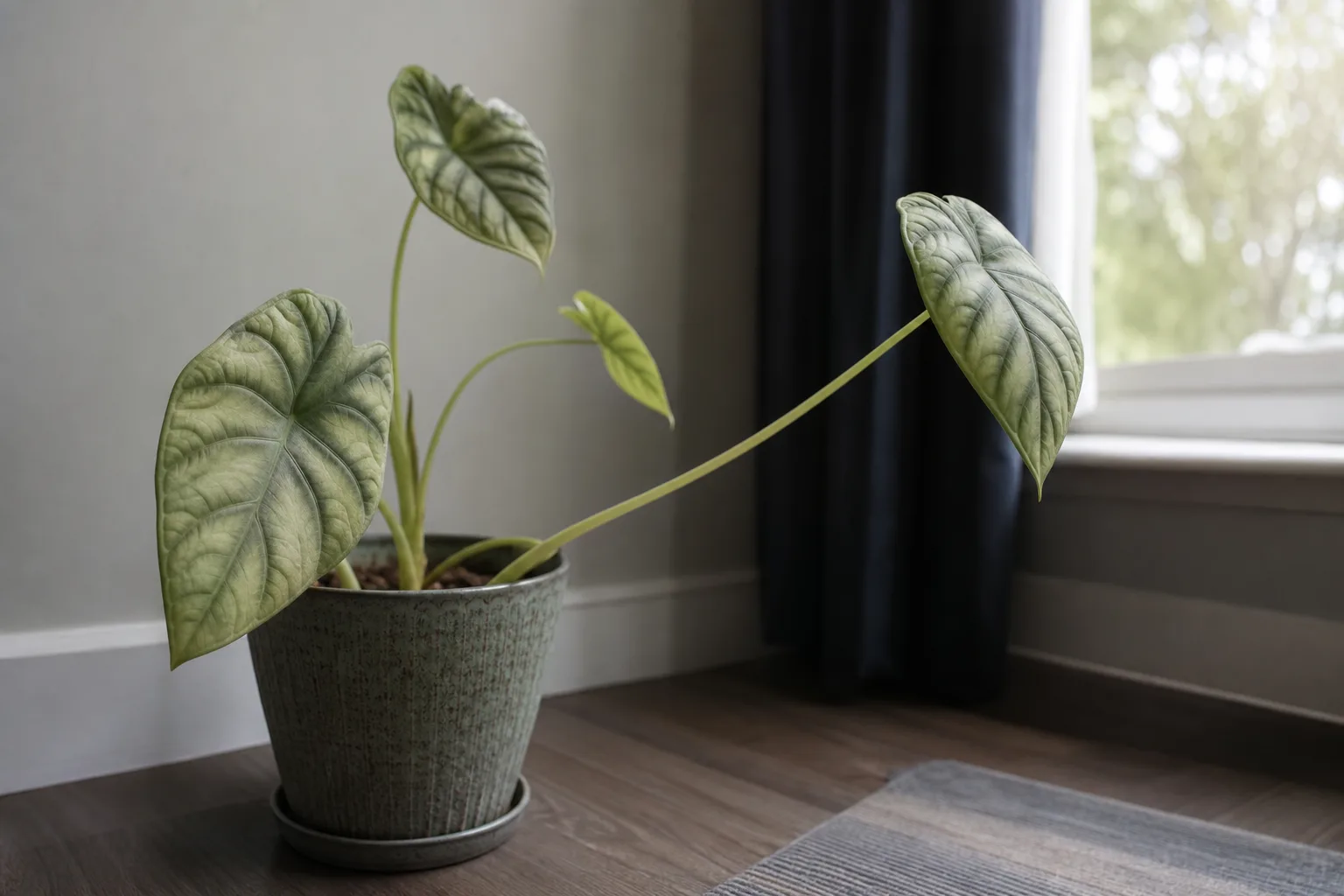 Not Enough Light on Alocasia Dragon Scale - visible symptom on the plant