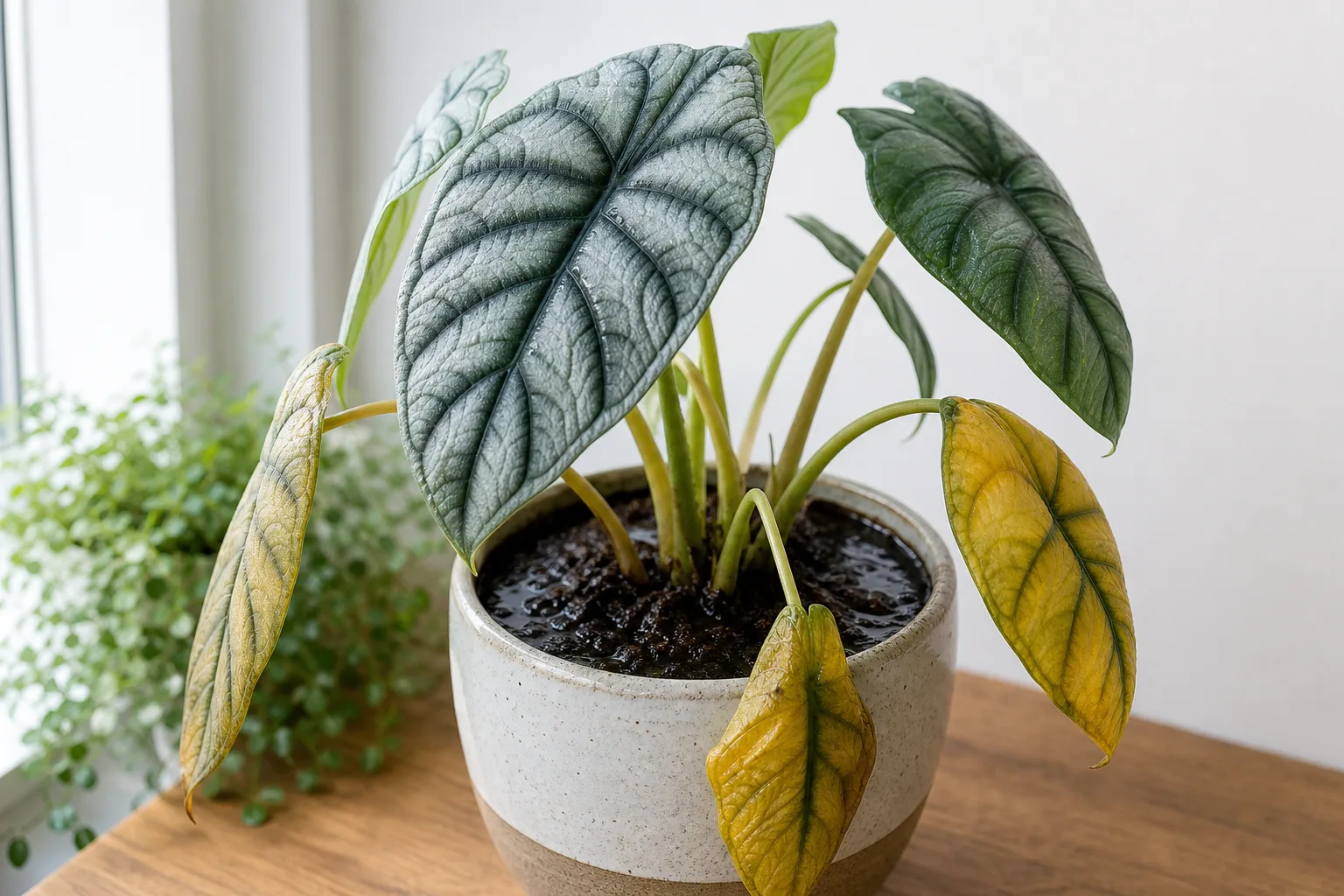 Overwatering on Alocasia Dragon Scale - visible symptom on the plant