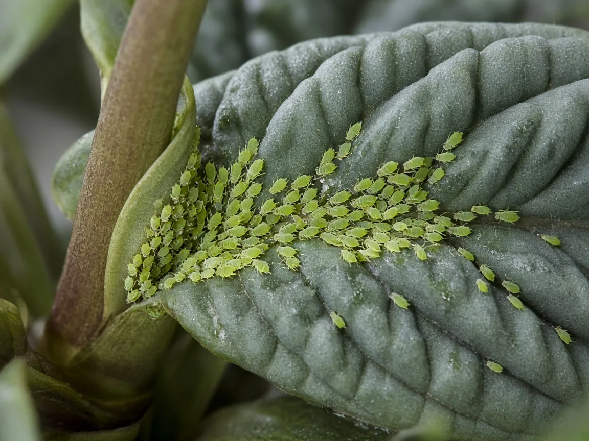 Close-up of soft green aphids clustered on a new grey-green corrugated leaf at the Alocasia Maharani petiole base