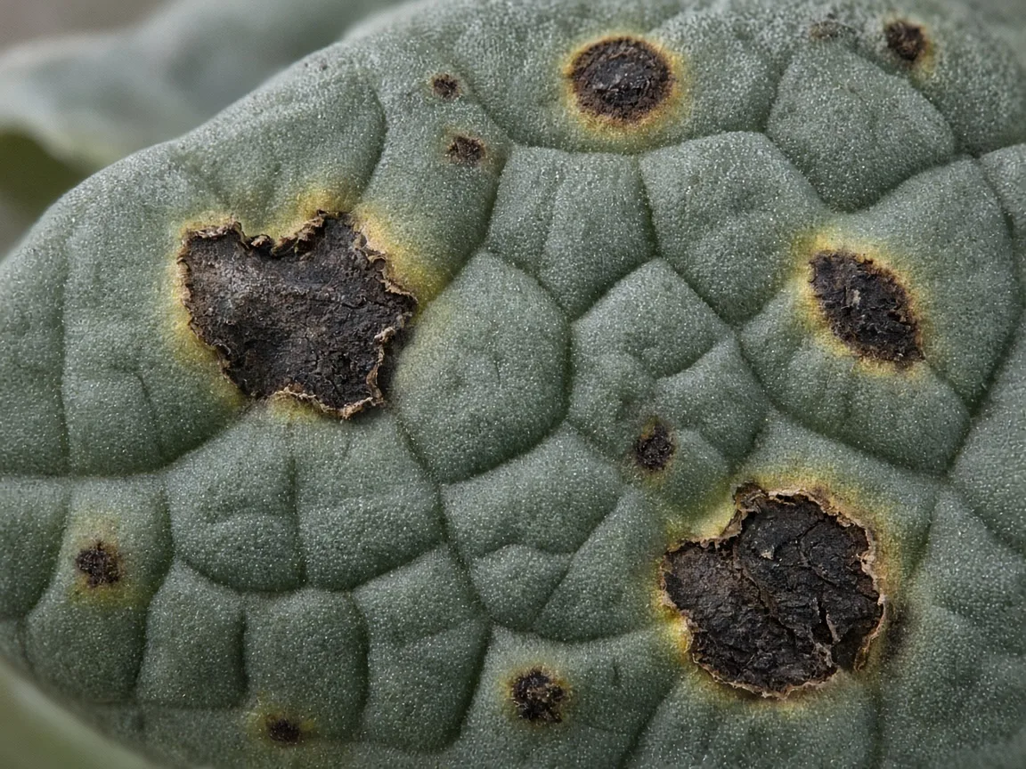 Close-up of black spots on Alocasia Maharani bullate leaves