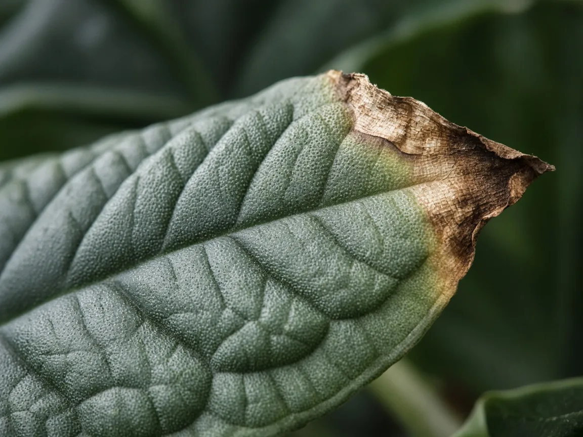Close-up of brown tips on Alocasia Maharani - diagnostic detail