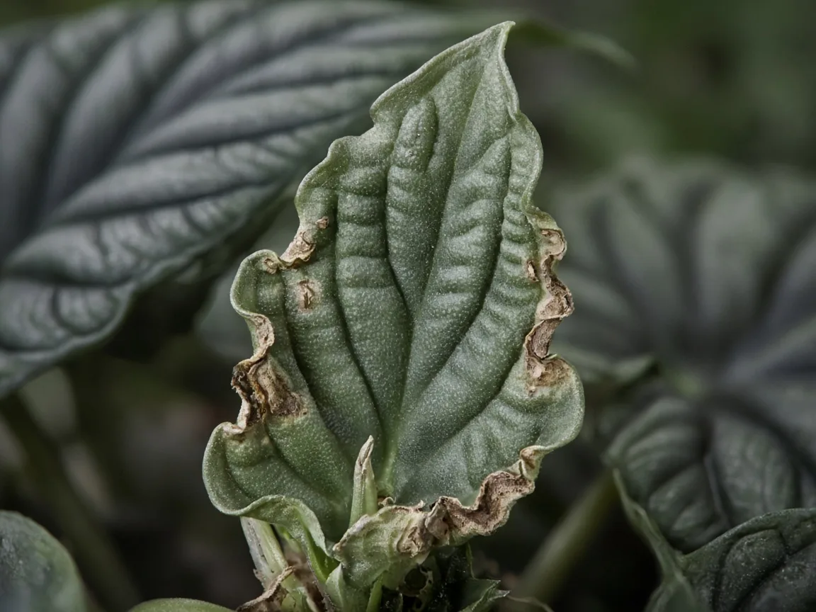 Close-up of cupped margin on newest unfurling Alocasia Maharani bullate grey-green spear