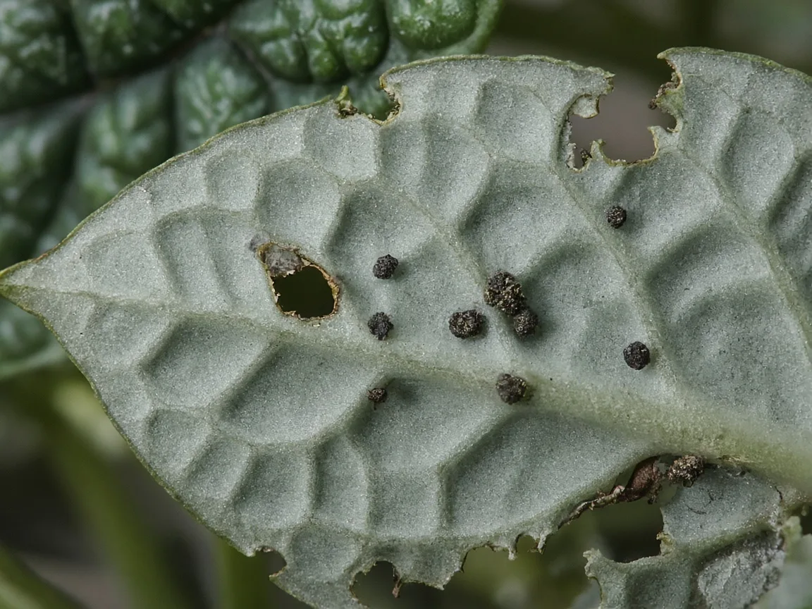 Close-up of caterpillar damage on Alocasia Maharani - ragged chew holes and frass on bullate grey-green leaf