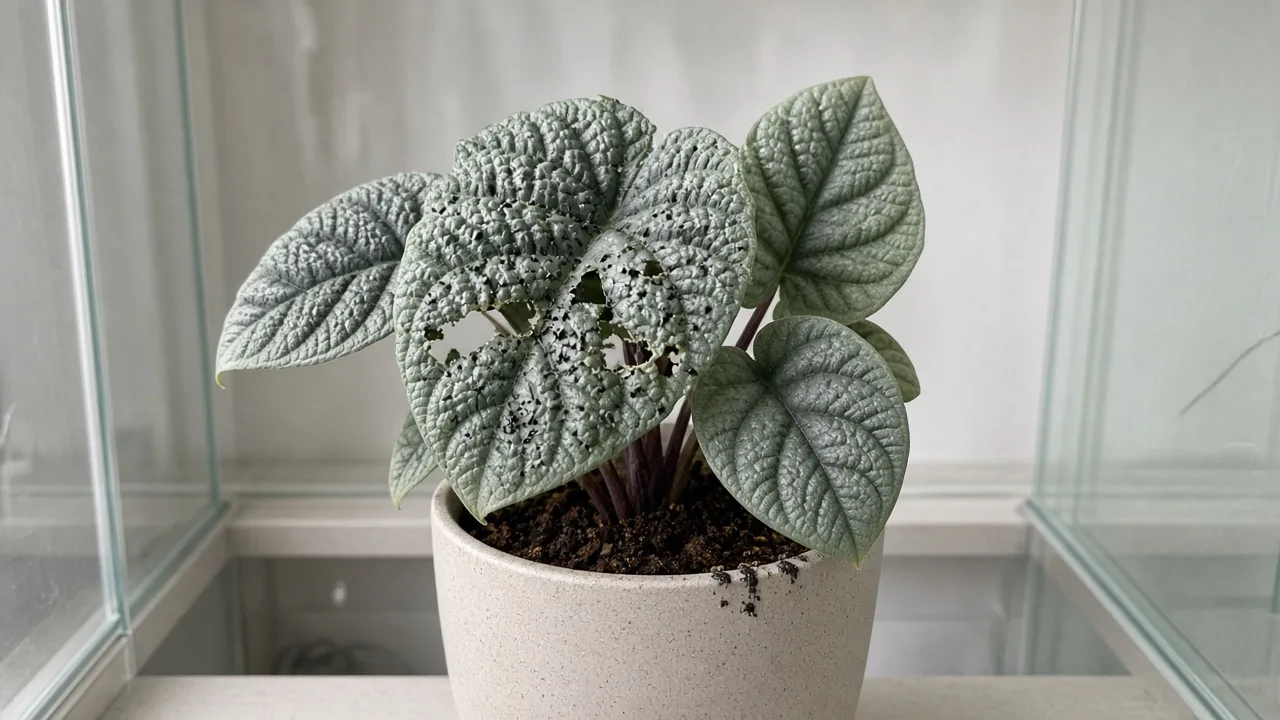 Caterpillars on Alocasia Maharani - ragged chew holes on grey-green bullate foliage