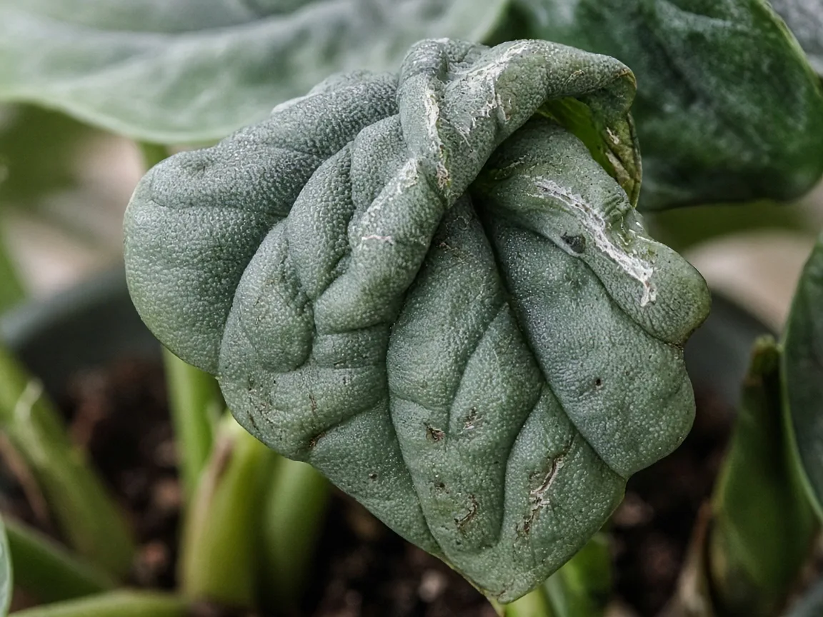 Close-up of distorted leaves on Alocasia Maharani - twisted puckered bullate blade with silver ridge scarring