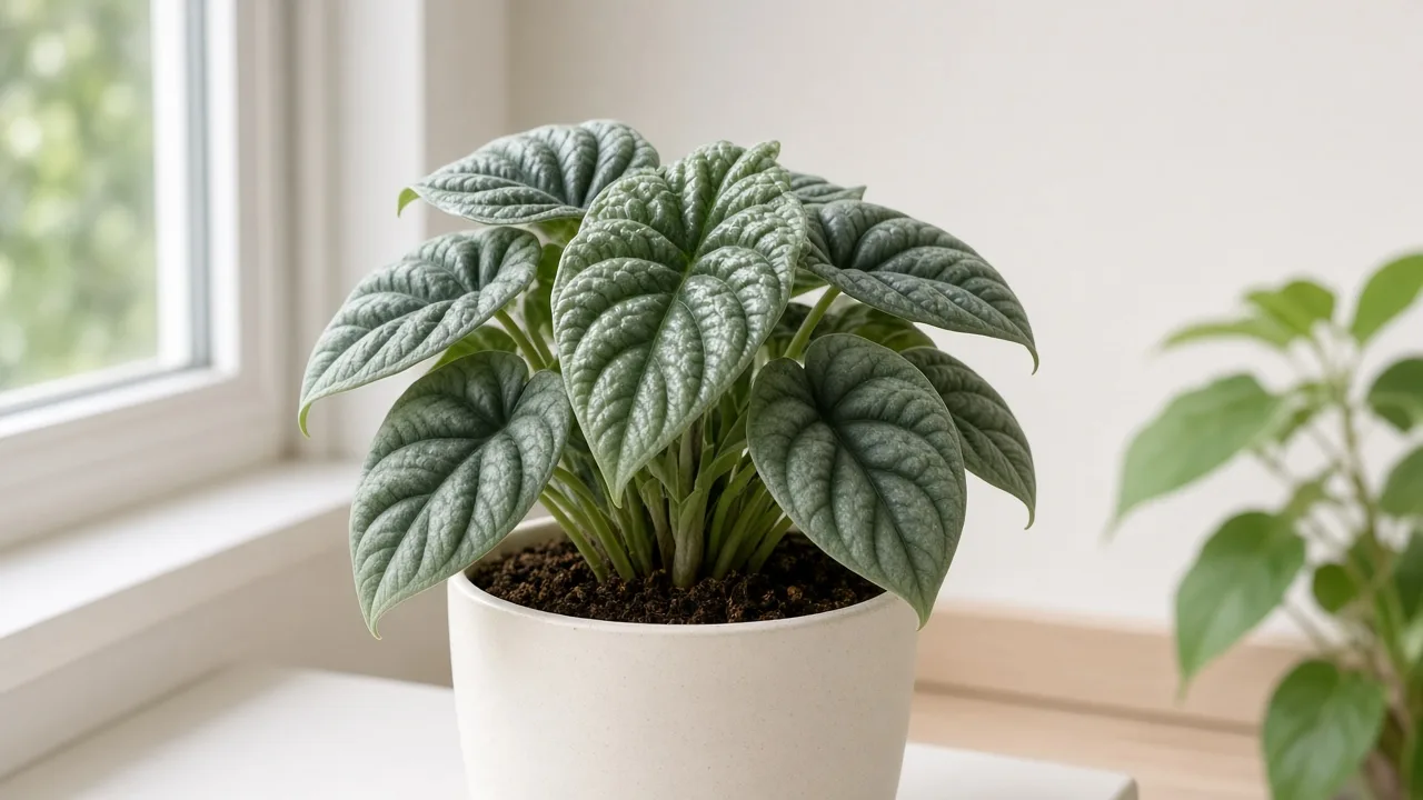 Distorted Leaves on Alocasia Maharani - twisted grey-green bullate corrugated foliage on compact Grey Dragon plant