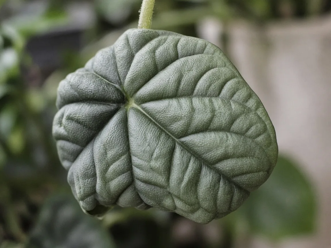 Close-up of drooping leaves on Alocasia Maharani - diagnostic detail