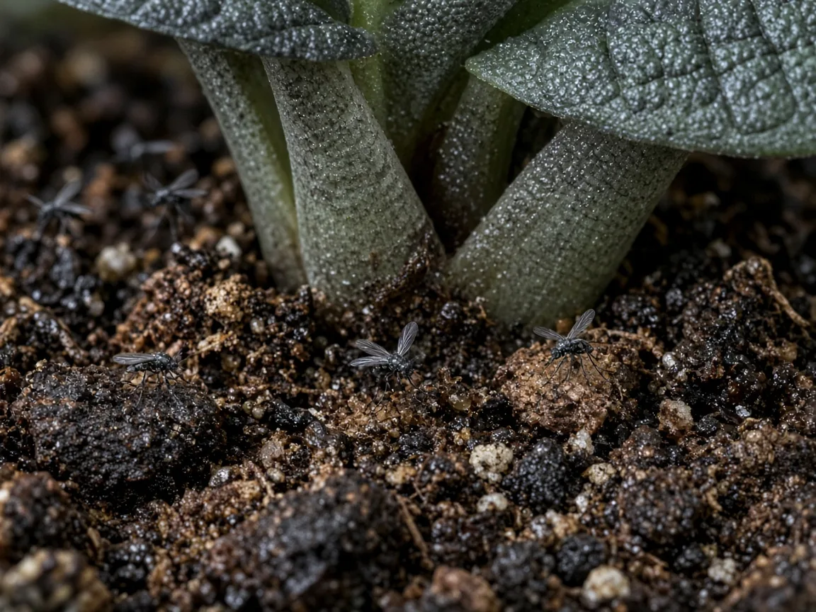 Close-up of fungus gnats on damp aroid mix at the base of Alocasia Maharani bullate grey-green leaves