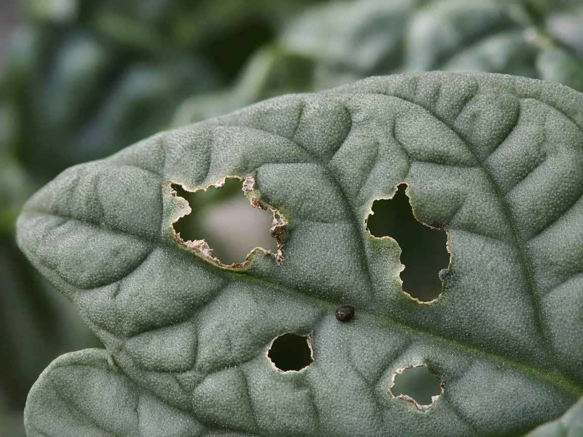 Close-up of holes in Alocasia Maharani leaf