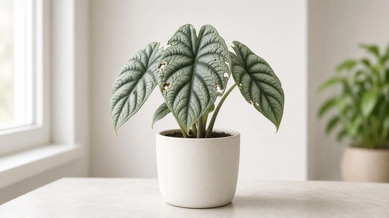 Holes in leaves on Alocasia Maharani - ragged chew marks on thick grey-green bullate foliage