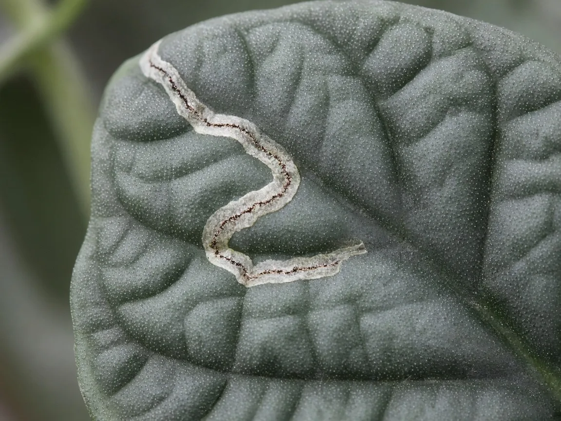 Close-up of leaf miner serpentine tunnel inside an Alocasia Maharani bullate grey-green corrugated leaf