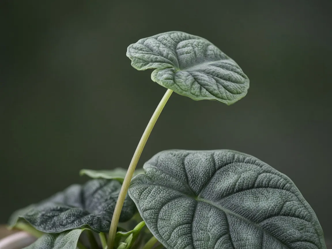 Close-up of leggy growth on Alocasia Maharani - elongated petiole with wide gap before a small corrugated grey-green bullate leaf