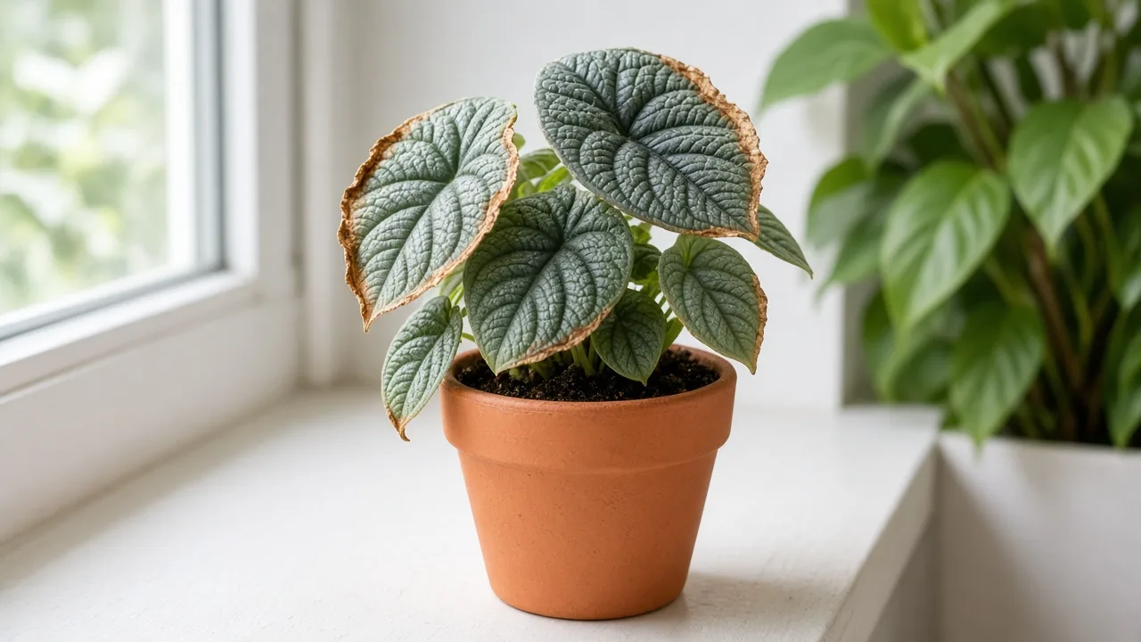 Low humidity on Alocasia Maharani - papery brown margins on compact grey-green bullate leaves