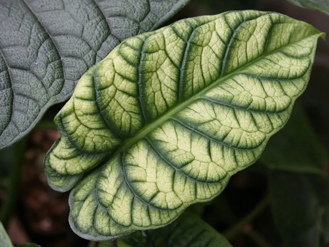 Close-up of interveinal chlorosis on older Alocasia Maharani bullate leaf