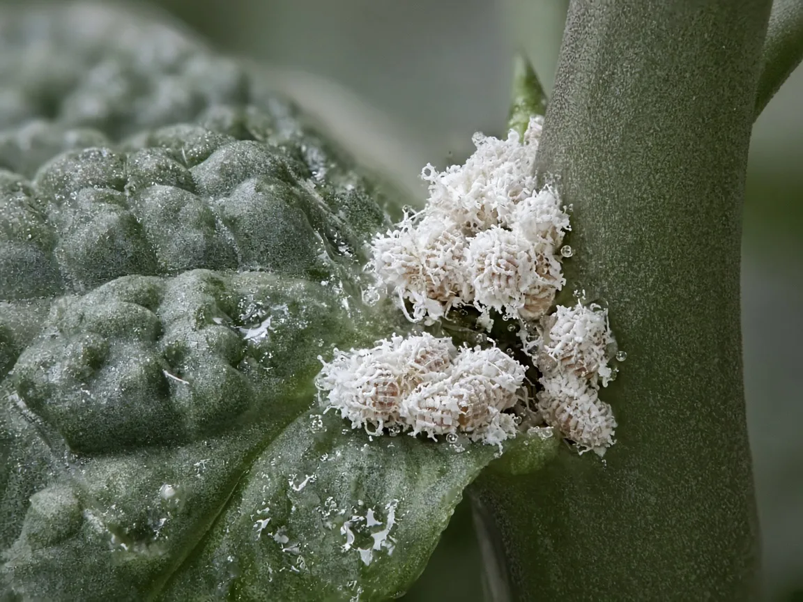 Close-up of white cottony mealybug clusters nestled in an Alocasia Maharani petiole axil on a grey-green corrugated bullate leaf