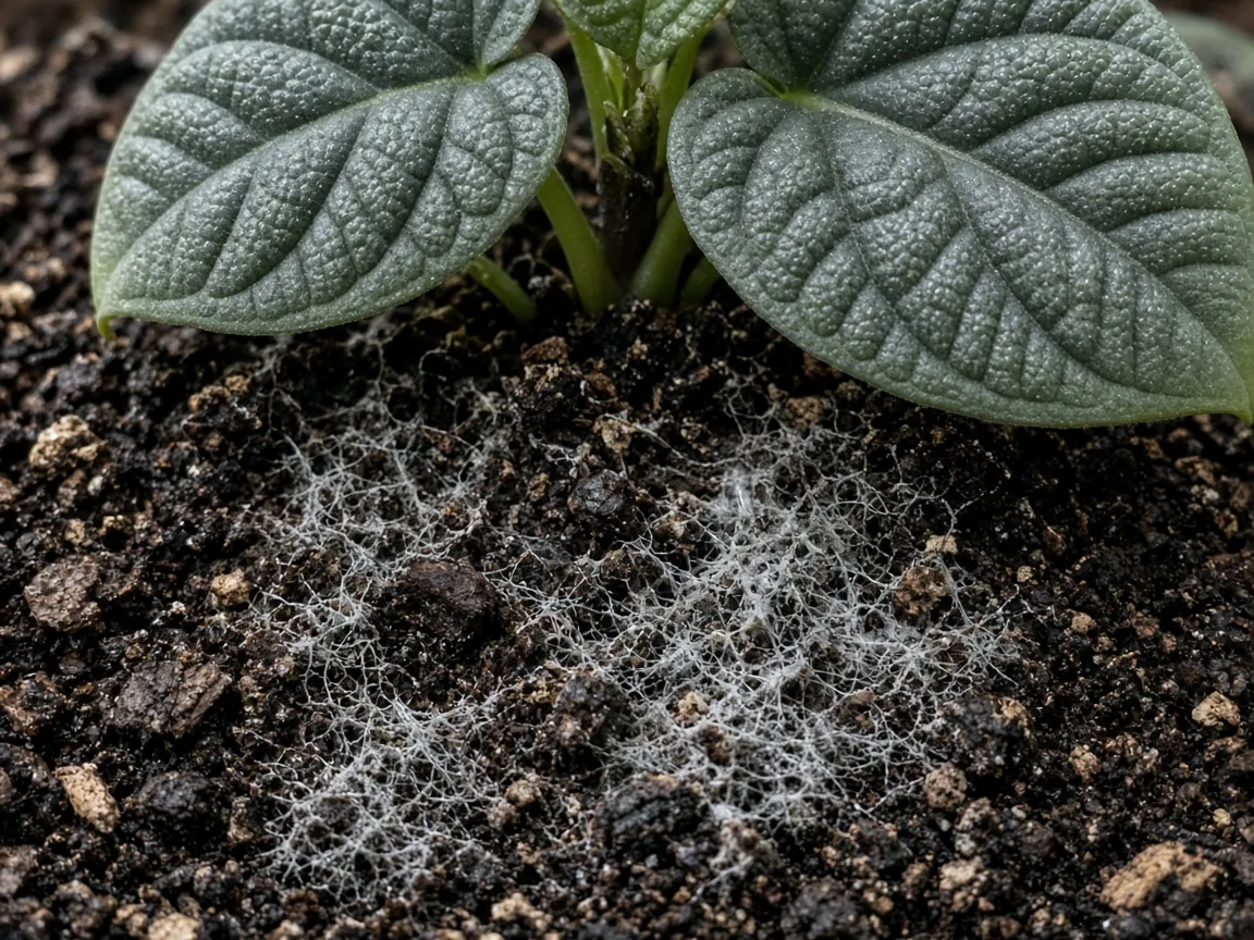 Close-up of mold on soil on Alocasia Maharani - white fuzzy threads on damp mix at the base of bullate grey-green leaves