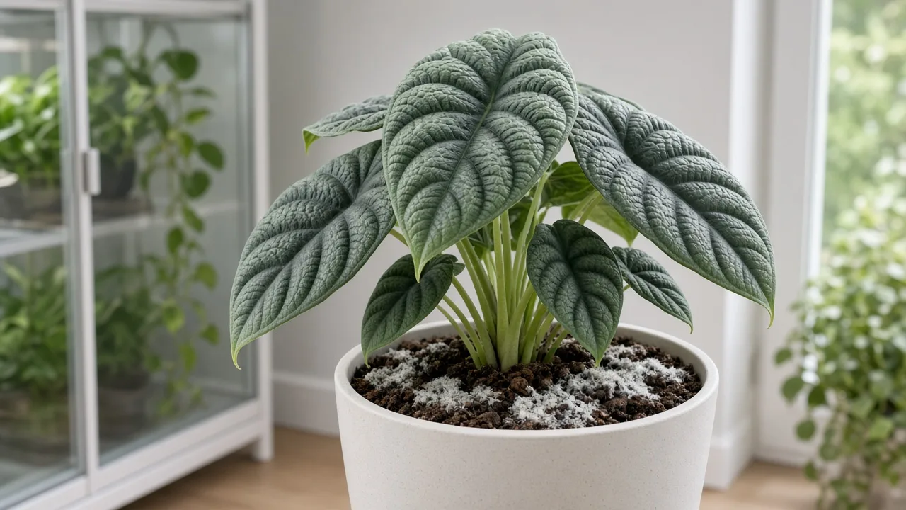 Mold on soil on Alocasia Maharani - white fuzzy growth on damp mix at the base of compact grey-green bullate leaves
