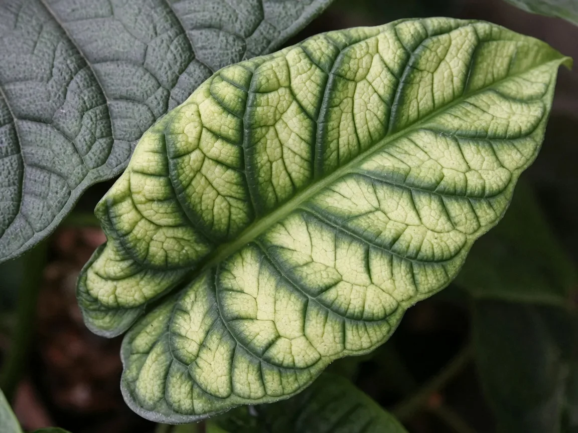 Close-up of nitrogen deficiency on Alocasia Maharani - faded bullate texture on lower corrugated leaf