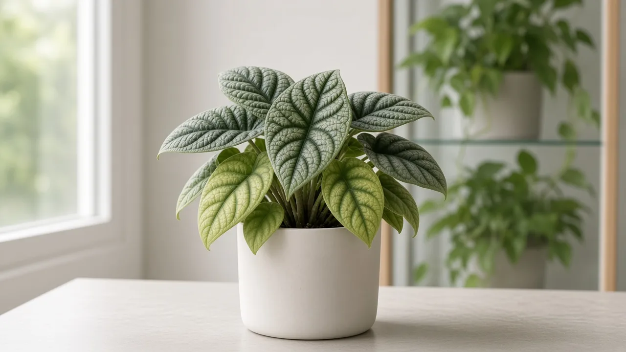 Nitrogen deficiency on Alocasia Maharani - pale lower bullate grey-green leaves on compact jewel alocasia
