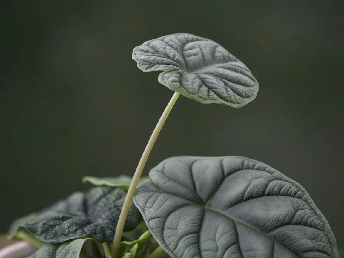 Close-up of dull bullate Alocasia Maharani leaf with flat metallic veining and small blade on elongated petiole