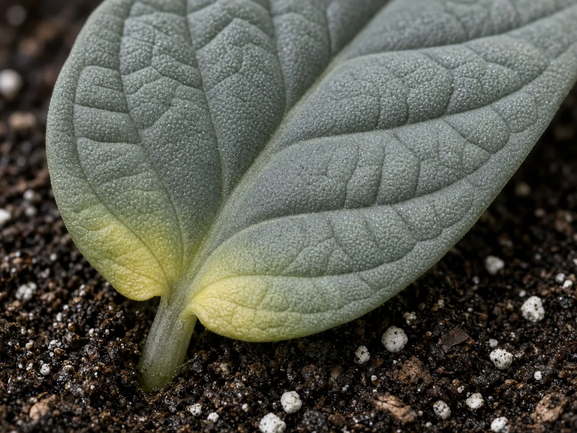 Close-up of overwatering on Alocasia Maharani - yellowing bullate leaf base on damp soil