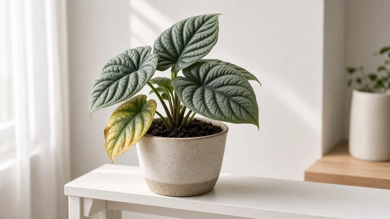 Overwatering on Alocasia Maharani - yellow lower bullate leaves on dark damp soil in a compact pot