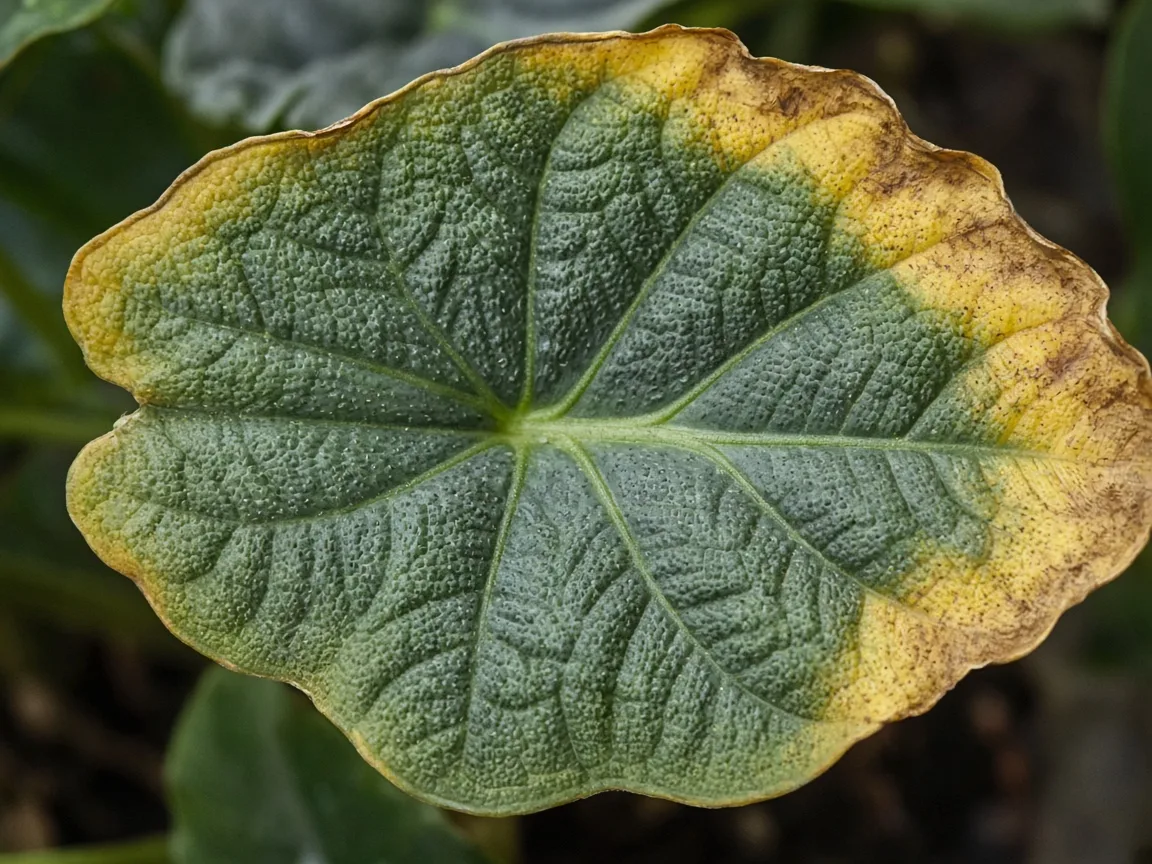 Close-up of potassium deficiency on Alocasia Maharani - scorched margin on bullate grey-green leaf