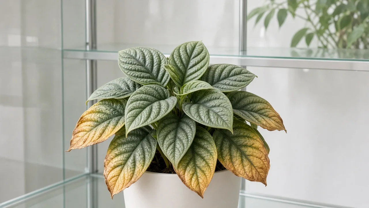 Potassium deficiency on Alocasia Maharani - scorched margins on older lower bullate grey-green leaves while crown growth stays green