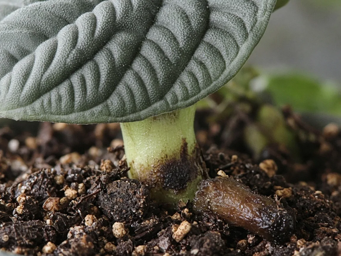 Close-up of soft petiole base and damp mushy roots at soil line on Alocasia Maharani
